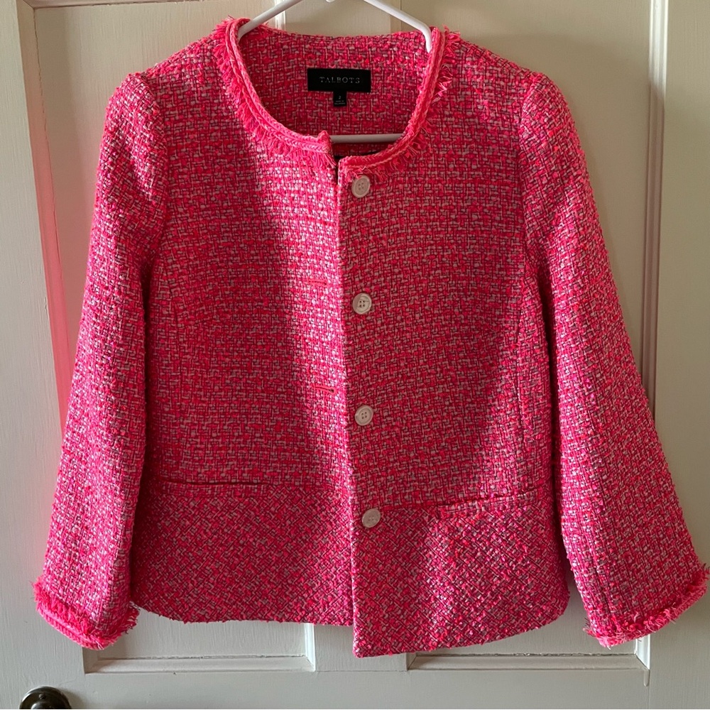 Talbots Blazer Neon Pink Tweed Button Up Blazer, Pockets Fringe, Collarless, 2